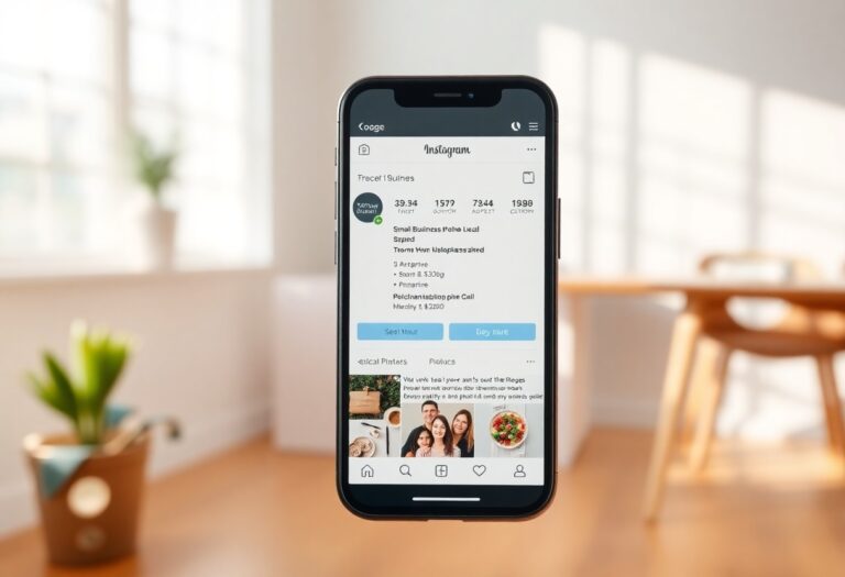 Smartphone showing an optimized Instagram bio for a small business with visual elements and text.