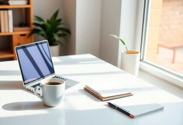A home office desk with laptop and coffee, representing starting a side hustle from home.