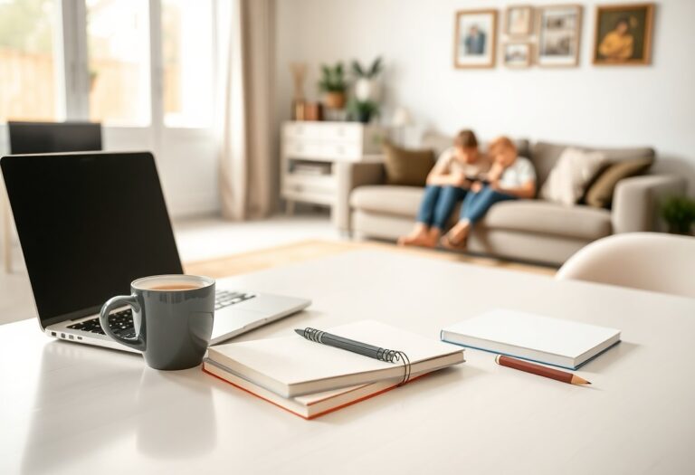 A mom working on her laptop in a comfortable home office setting, with natural light and family elements in the background.