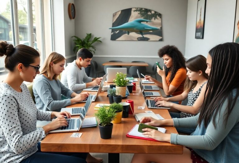People engaged in various side hustles using laptops and phones in a relaxed cafe environment.