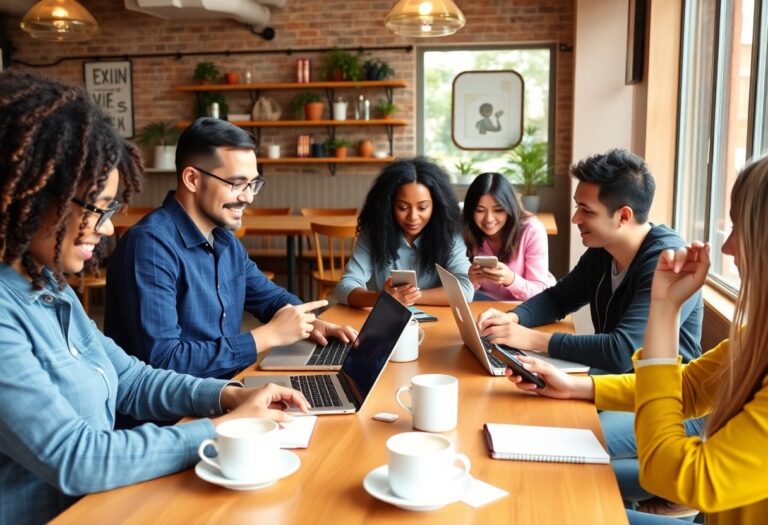 People engaged in various side hustle activities in a casual café environment
