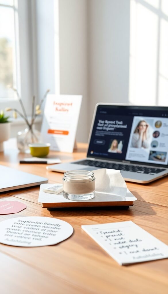 A product sample giveaway setup for small businesses, featuring an unwrapped sample and digital trial sign-up on a bright desk to illustrate marketing growth strategies.