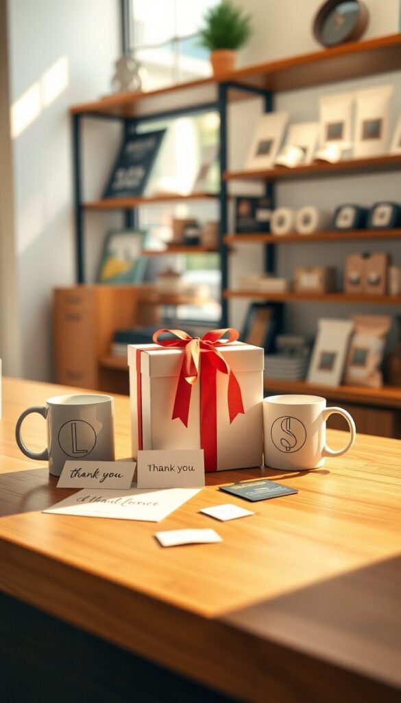 A gift box representing a loyalty program giveaway for repeat customers in a small boutique, with natural lighting and clean decor.