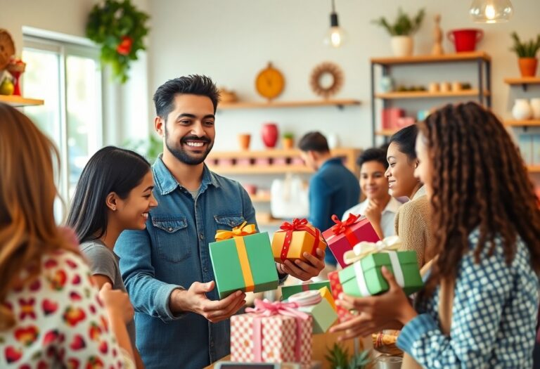 Small business owner engaging with happy customers during a giveaway event in a welcoming retail environment.