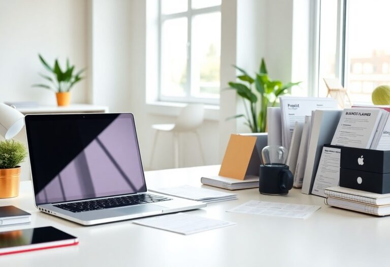 A desk with small business printables including planners and checklists, showcasing tools for organization and entrepreneurship.