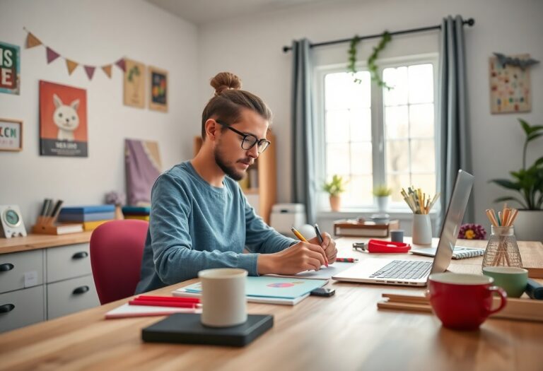 A person engaged in a DIY small business project at a home workspace, surrounded by crafting tools and a laptop.