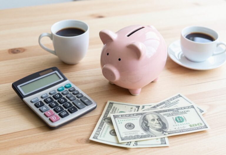 Piggy bank and calculator on a wooden table representing saving money