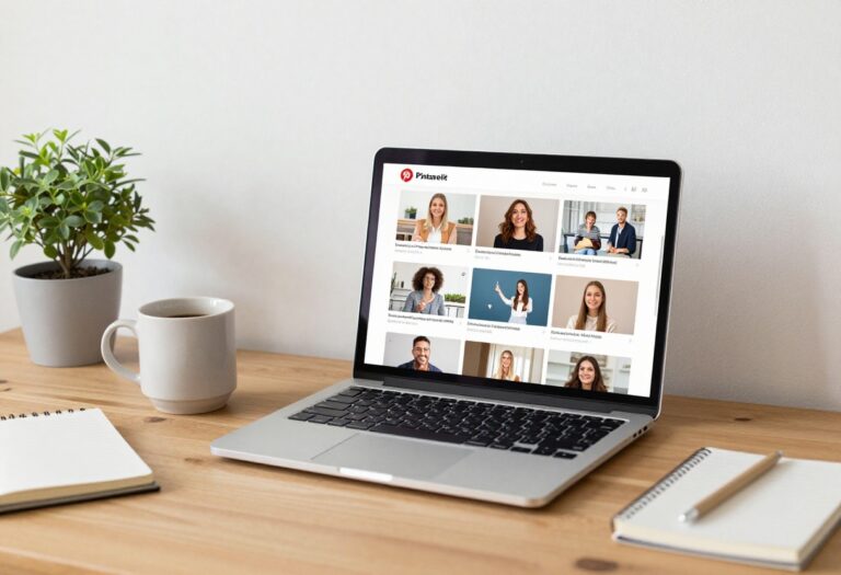 Pinterest marketing tips for bloggers - laptop with Pinterest board, coffee, and notebook on desk