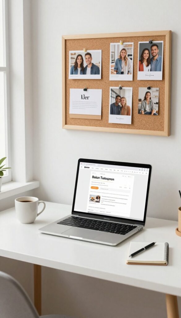 Bright home office desk with laptop and cork board displaying collaboration photos and notes