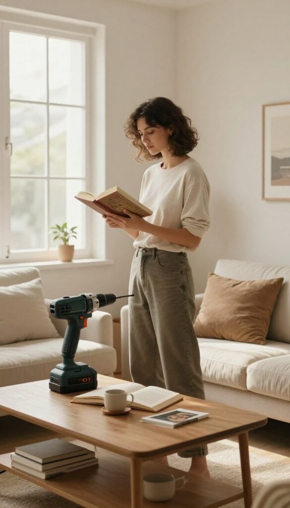 Woman holding a library book and a power drill in a bright, cozy living room
