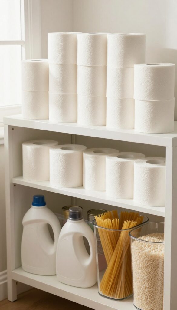 Organized bulk non-perishables on a pantry shelf