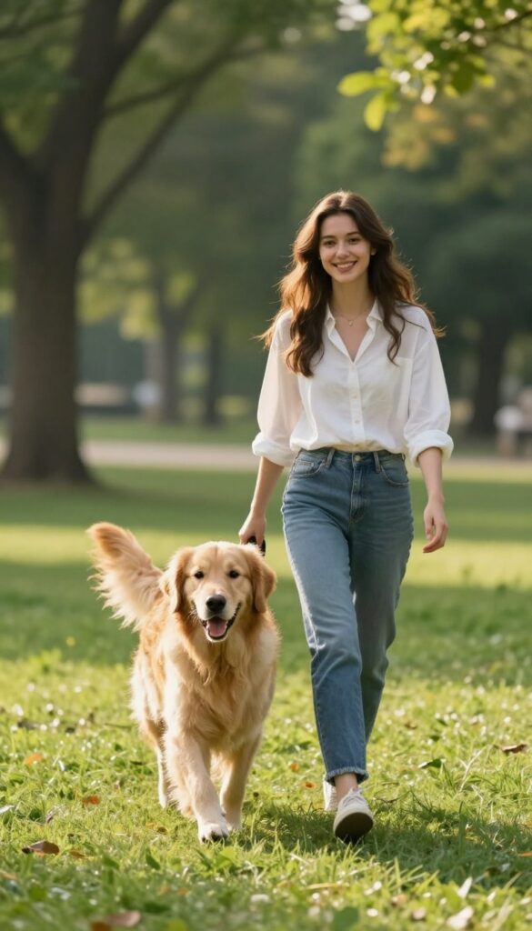 Woman walking a golden retriever in a sunny park for pet sitting side hustle
