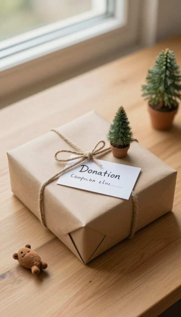 A wrapped gift box with a donation card and a small plush animal on a wooden table, warm natural lighting