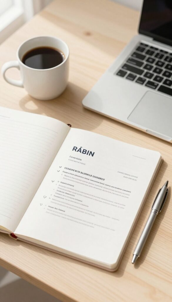 Flat lay of a desk with laptop, coffee, notebook, pen, and resume and cover letter documents