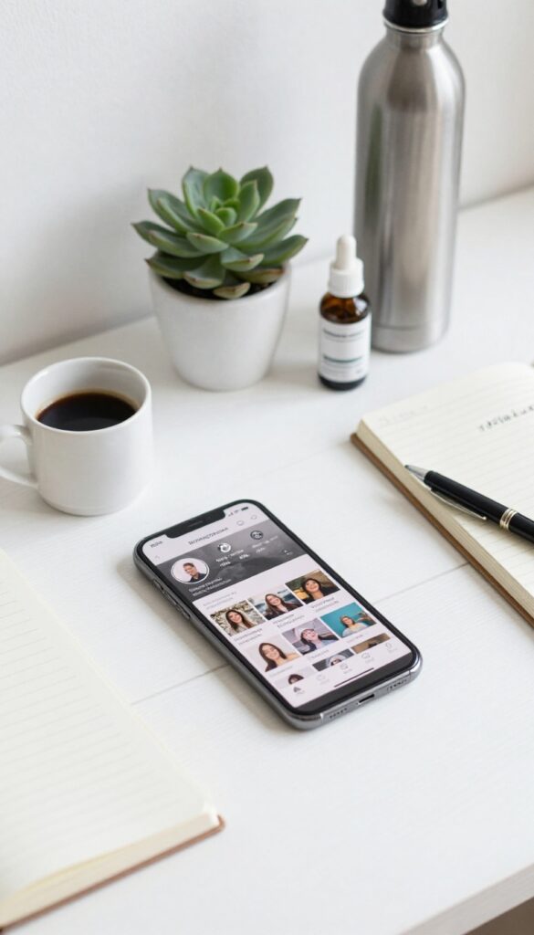Flat lay of smartphone, notebook, coffee, succulent, and products on white desk, representing affiliate marketing via social media.