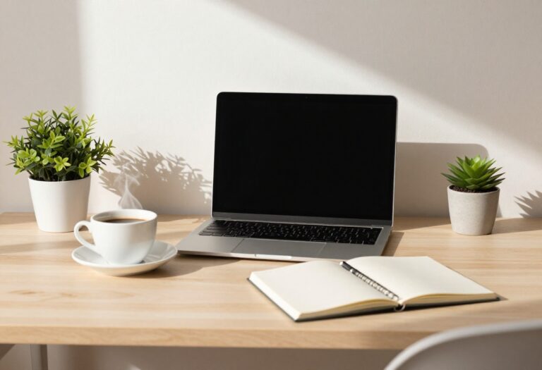 A laptop on a desk with a coffee cup and notebook, representing online work.