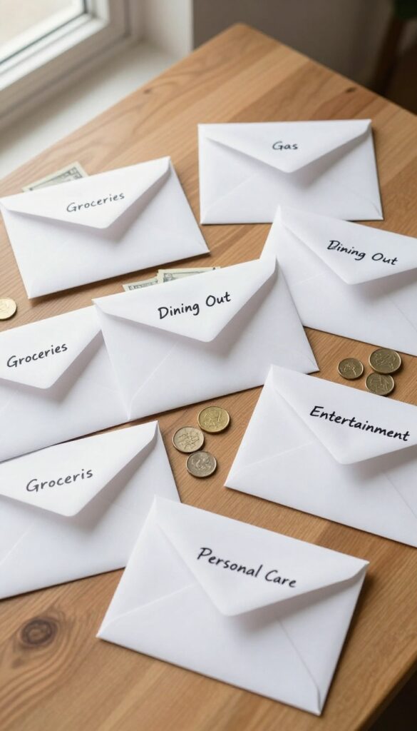 Flat lay of labeled cash envelopes with money on a wooden desk, bright natural light, minimalist budgeting setup.