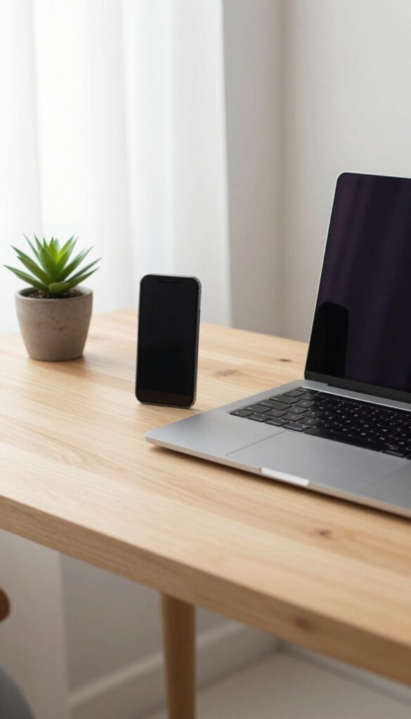A tidy desk with a smartphone and laptop, symbolizing a digital declutter for stress-free self-care.