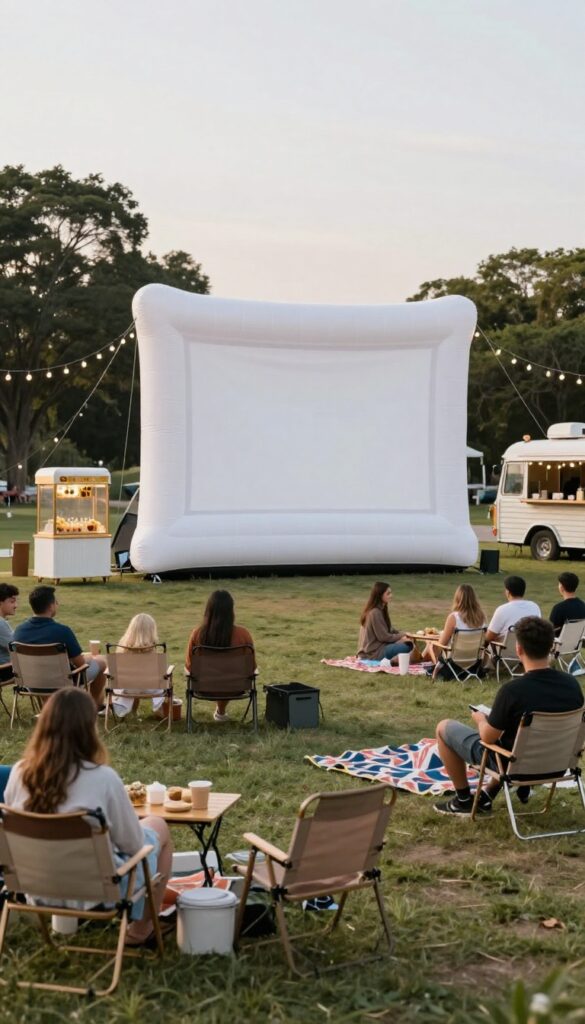 Pop-up outdoor movie night in a park with screen, chairs, string lights, and food truck