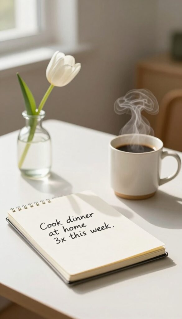 A desk with an open notebook, a coffee mug, and a tulip in soft natural light, representing a weekly financial intention.