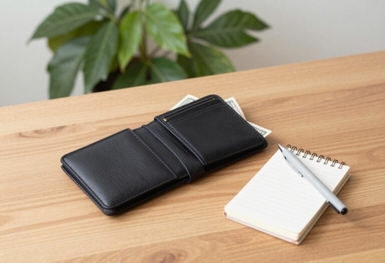 Flat lay of wallet, cash, notebook, and pen on wooden table with green plant