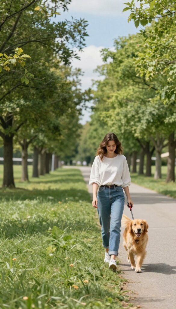 Person walking a golden retriever on a sunny street for pet sitting side hustle