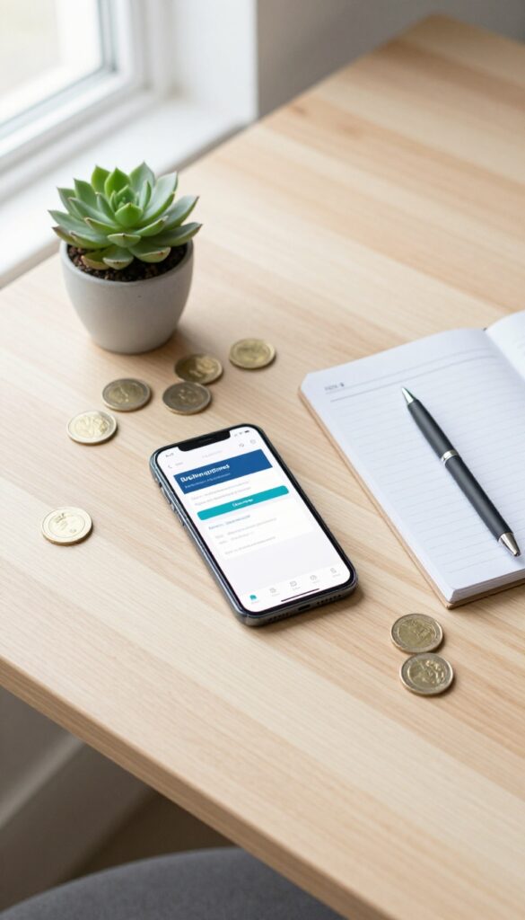 Flat lay of a smartphone with banking app, notepad, pen, succulent, and coins on a wooden desk, bright natural light, personal finance concept.