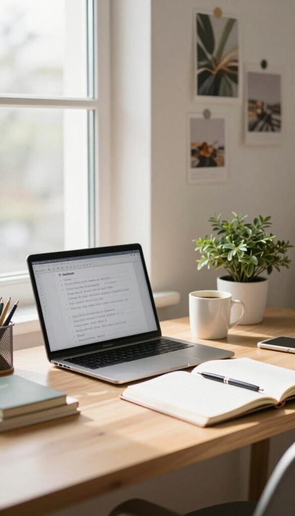 A bright, clean home office desk with a laptop, coffee mug, plant, and notebook, symbolizing persistence in a side hustle.