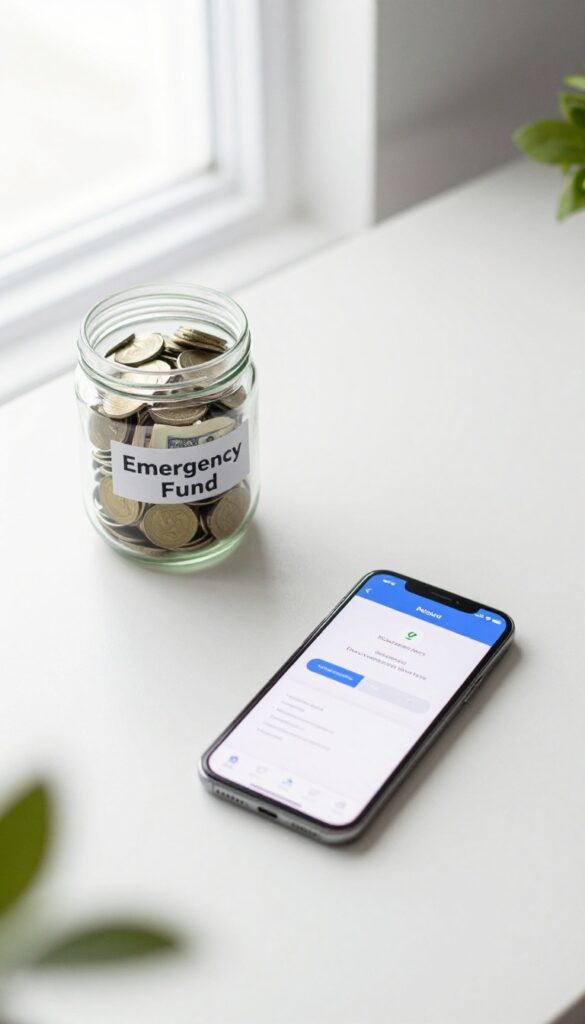 Minimalist flat lay of emergency fund savings jar and phone showing automatic transfer