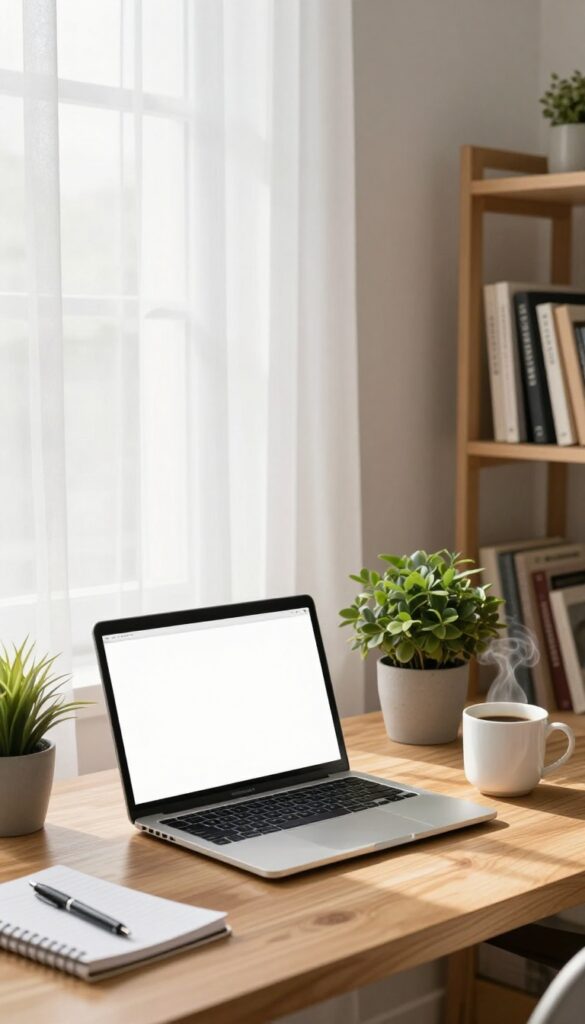 Cozy home office with laptop, coffee, and plant for freelance writing.