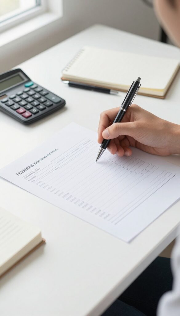 Person reviewing a pay stub or bank statement on a clean desk with calculator and notebook, representing starting a zero-based budget with take-home pay.