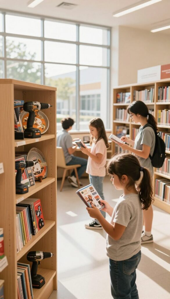 Family at a library borrowing a DVD, museum pass, board game, and tools like a power drill and cake pan