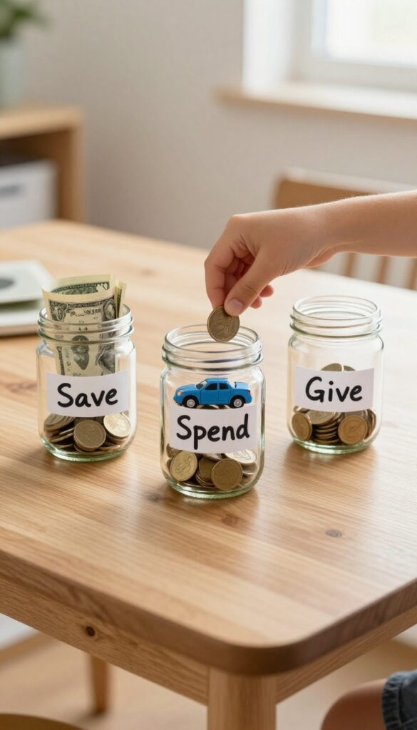 Three clear jars labeled Save, Spend, and Give with coins and a small toy, a child's hand adding a coin to the Give jar, on a wooden table in natural light.