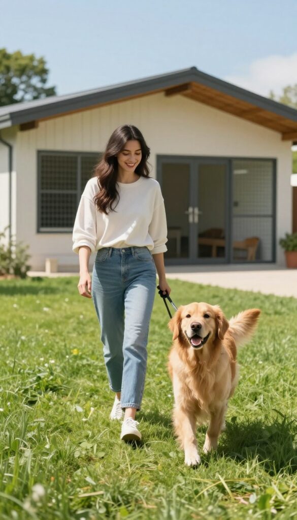 Woman walking a dog at a local animal shelter on a sunny day
