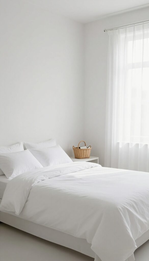 Cozy spare bedroom with white linens and welcome basket, ready for Airbnb guests