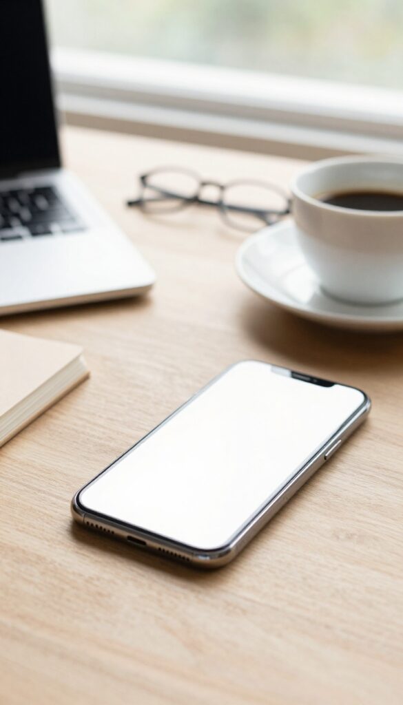 Flat lay of smartphone, coffee, camera lens, and notebook on wooden table with natural light