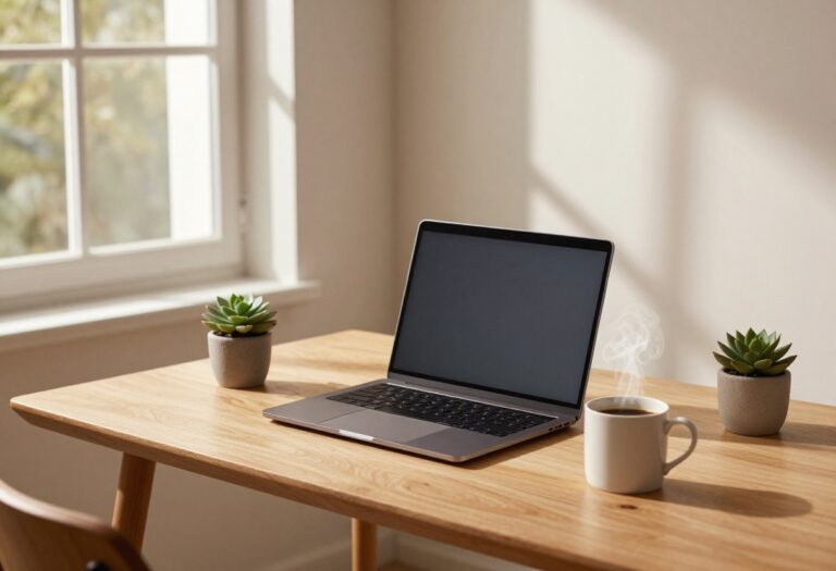 Cozy home office with laptop and coffee in evening light