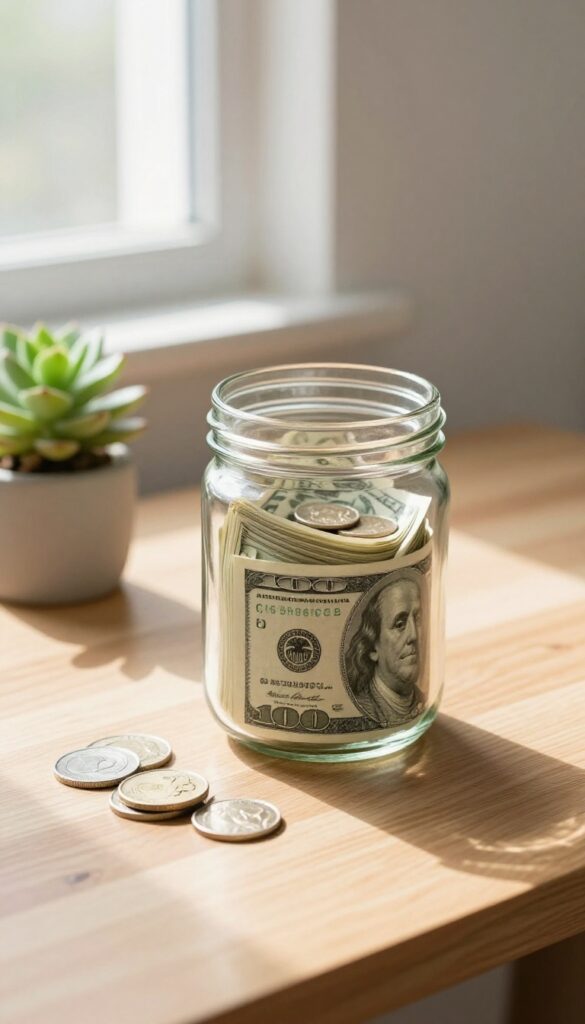 A glass jar filled with cash and coins on a desk with a succulent, representing an emergency fund savings goal.