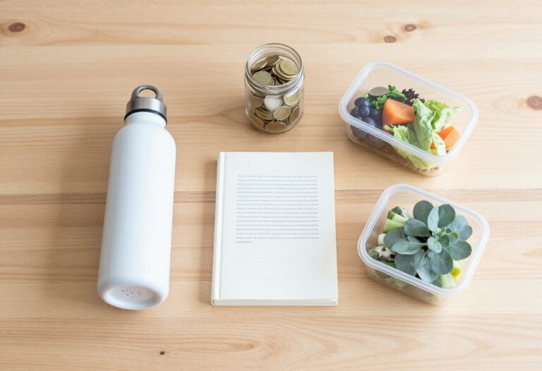 Flat lay of frugal living essentials including a water bottle, library book, coin jar, meal prep container, and plant.