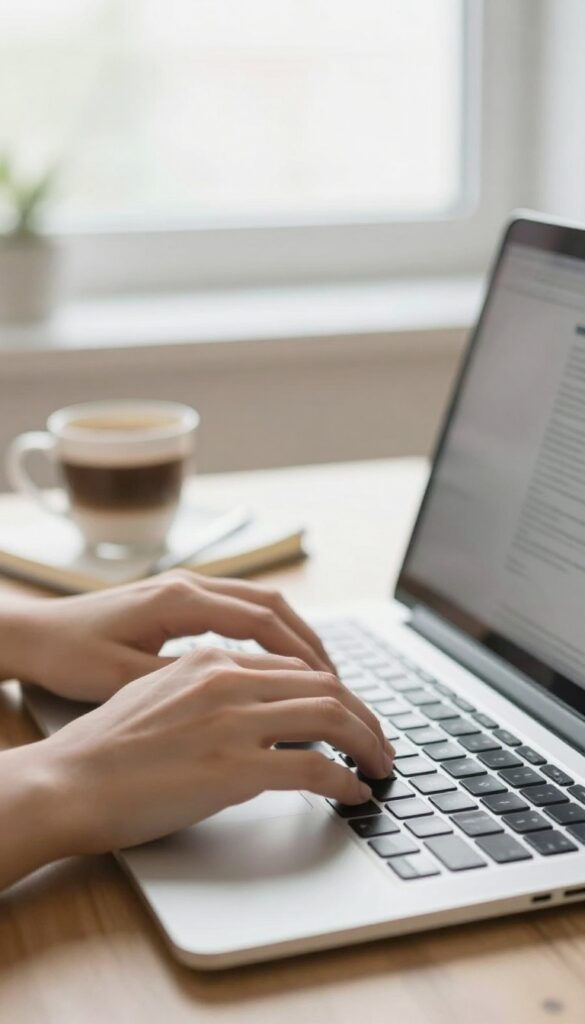 Person typing on laptop for data entry work in a bright home office