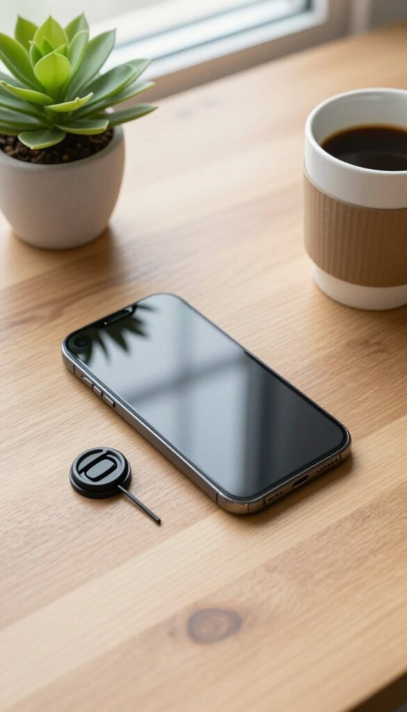 Overhead view of a smartphone and camera gear on a wooden desk with natural light, representing stock photography side hustle.