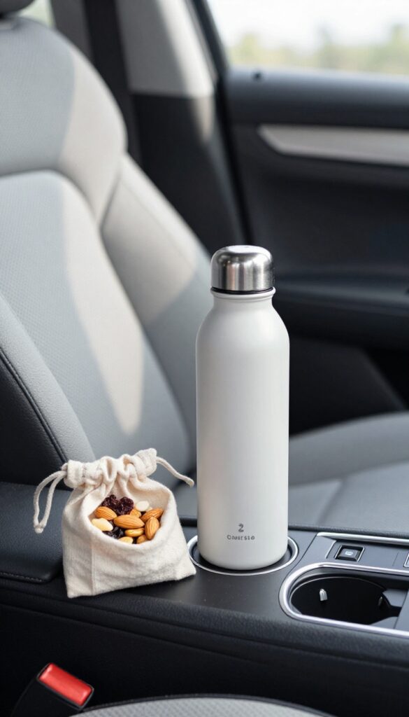 Reusable water bottle and homemade snack bag on car seat, representing the gas station snack ban challenge.