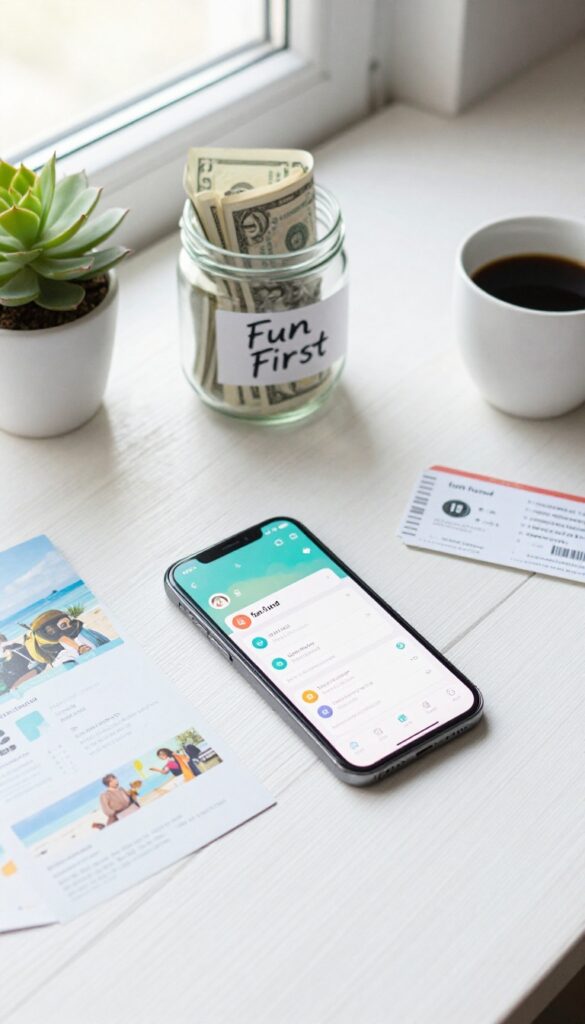 Flat lay of budgeting tools and fun items on a white desk, including a smartphone with a budgeting app, a jar of cash, travel brochures, a cinema ticket, a succulent, and a coffee cup.