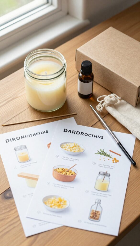 DIY candle making kit with supplies on a wooden table