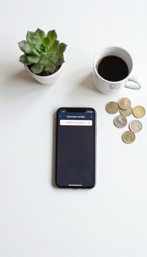 Minimalist desk scene with smartphone showing automatic savings transfer notification