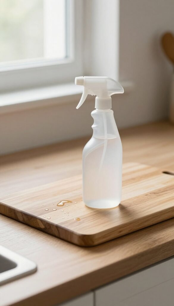 A spray bottle of hydrogen peroxide on a clean kitchen countertop beside a wooden cutting board, natural light, photorealistic.