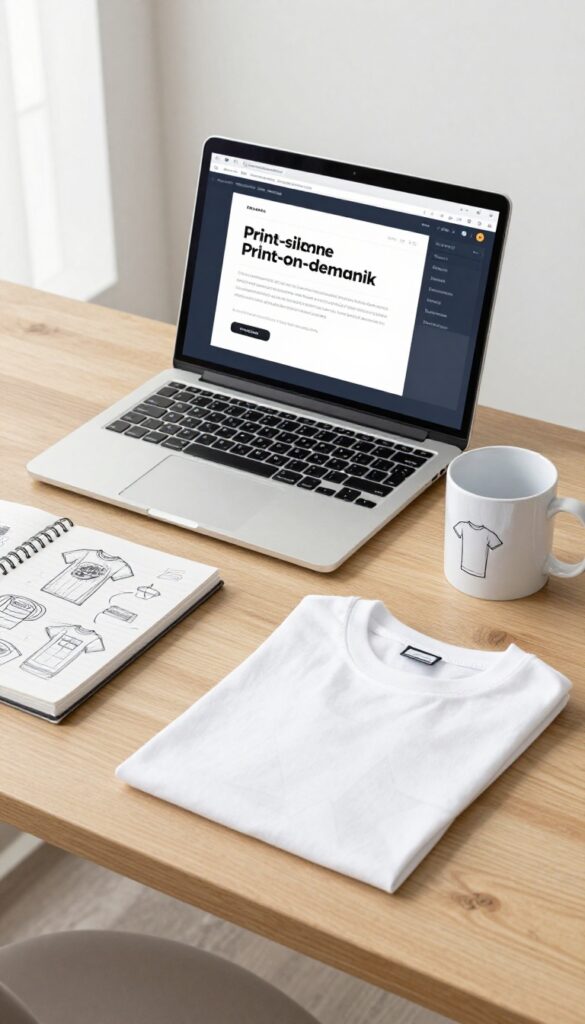 Flat lay of a laptop, sketchbook, custom mug, and t-shirt on a wooden desk, illustrating print on demand side hustle.