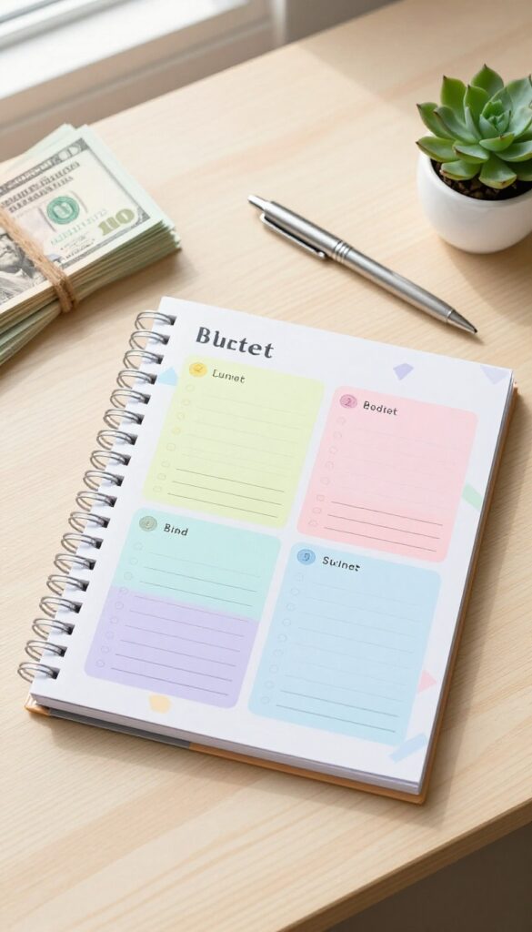 Open budget binder with custom cover and dividers on a wooden desk