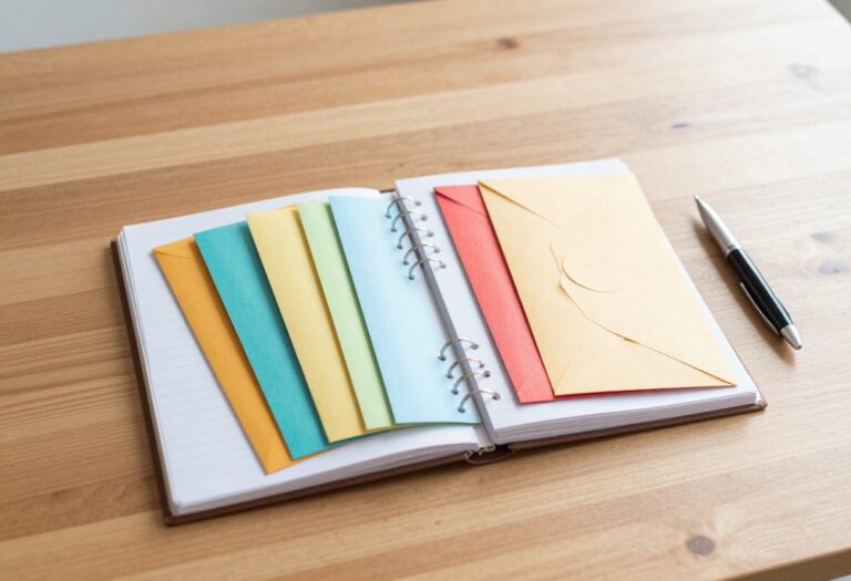 Open budget binder with cash envelopes and dividers on a wooden desk