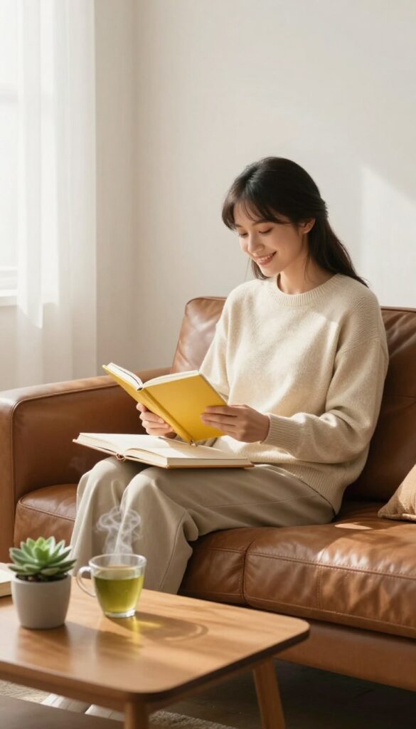 Person celebrating a small budgeting win at home with a notebook and tea